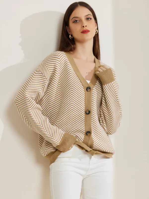 Striped Open Front Button Down V Neck Cardigan Sweaters sold by Allegra K