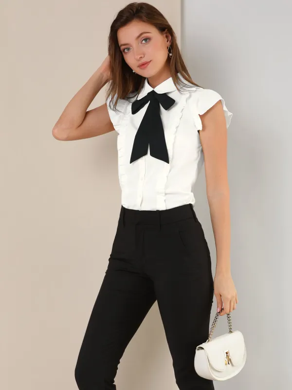 Ruffle Cap Sleeve Tie Neck Button Up Peter Pan Collar Blouse sold by Allegra K