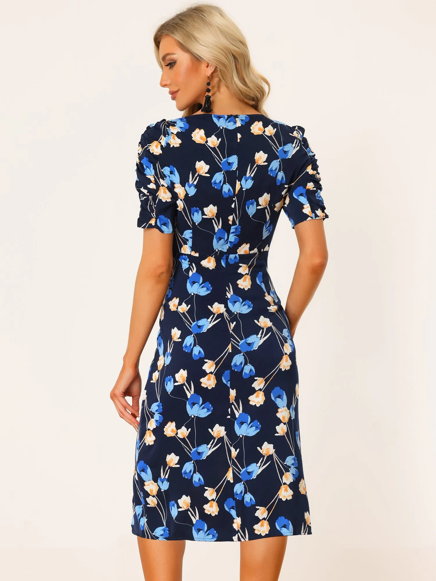Floral Square Neck Ruched Puff Sleeve Split Midi Dress sold by Allegra K product image thumbnail 3