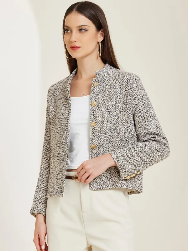 Tweed Stand Collar Long Sleeve Buttoned Cropped Jacket sold by Allegra K