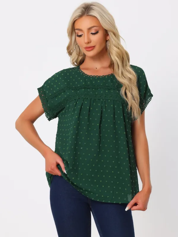Women's Crew Neck Short Sleeve Lace Trim Swiss Dots Top sold by Allegra K