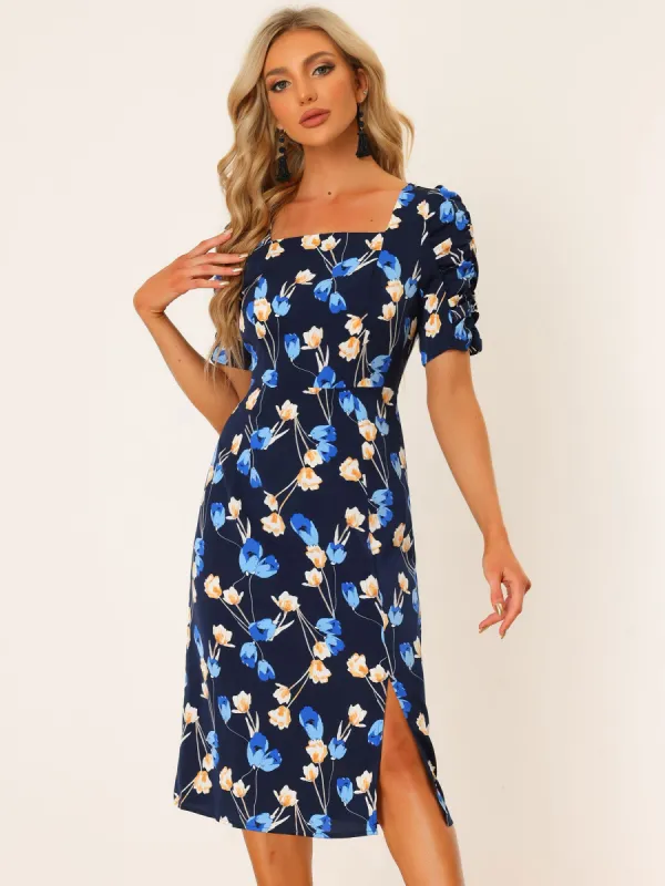 Floral Square Neck Ruched Puff Sleeve Split Midi Dress sold by Allegra K