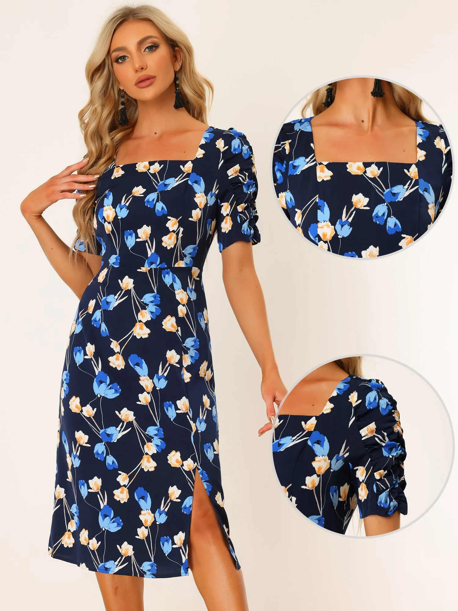 Floral Square Neck Ruched Puff Sleeve Split Midi Dress sold by Allegra K product image thumbnail 2