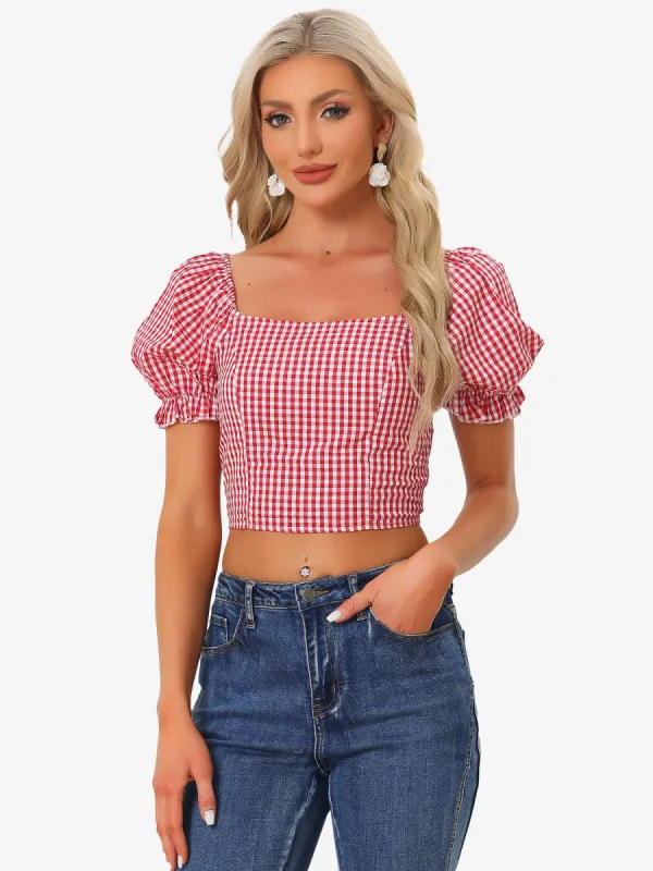 Gingham Bubble Sleeve Smocked Cropped Casual Blouse sold by Allegra K