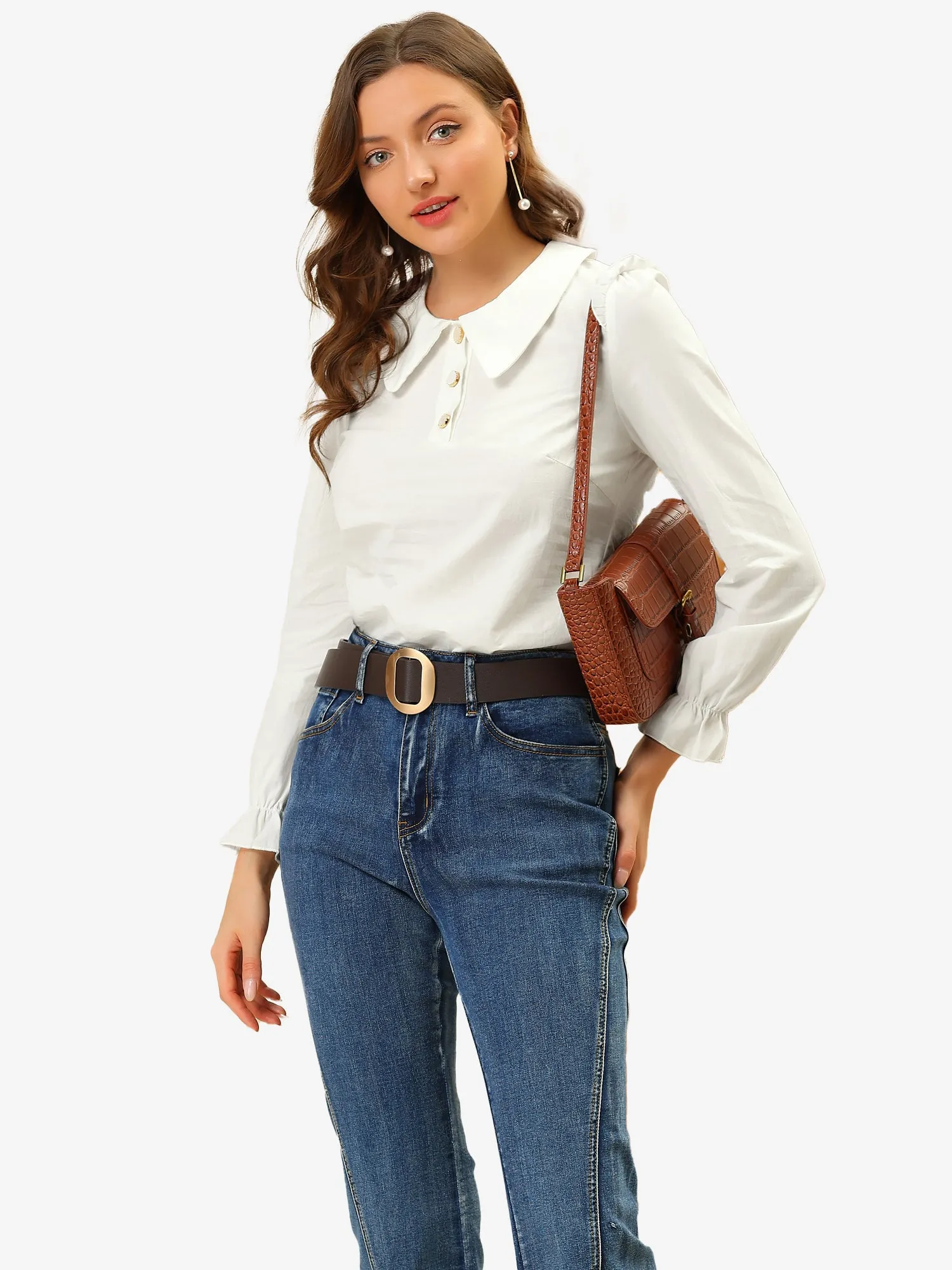 Peter Pan Collar Shirt Puff Long Sleeve Button Blouse Top sold by Allegra K