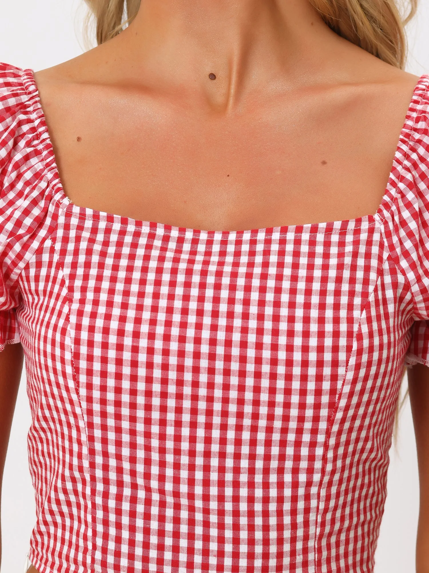 Gingham Bubble Sleeve Smocked Cropped Casual Blouse sold by Allegra K product image thumbnail 5