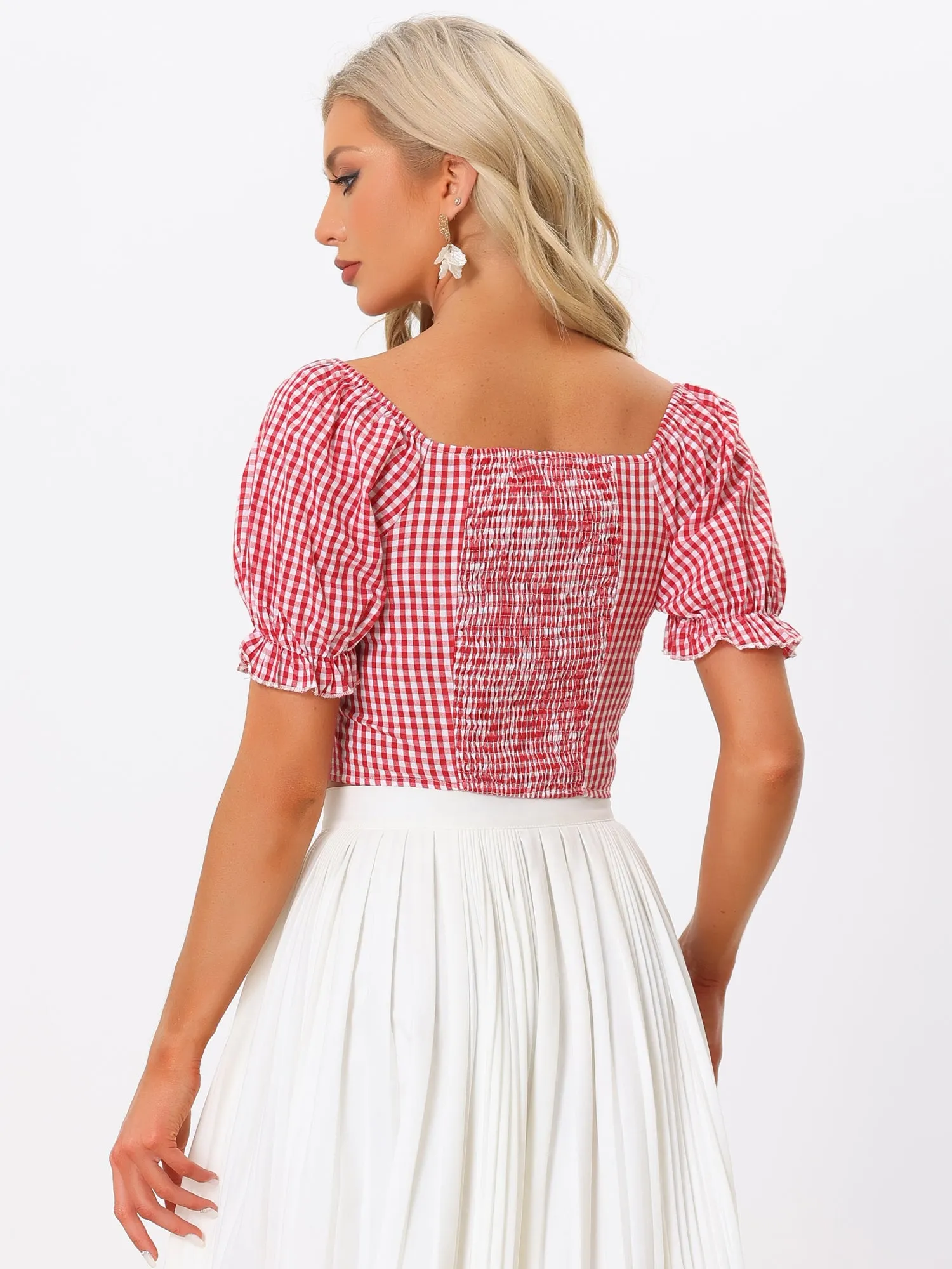 Gingham Bubble Sleeve Smocked Cropped Casual Blouse sold by Allegra K product image thumbnail 3