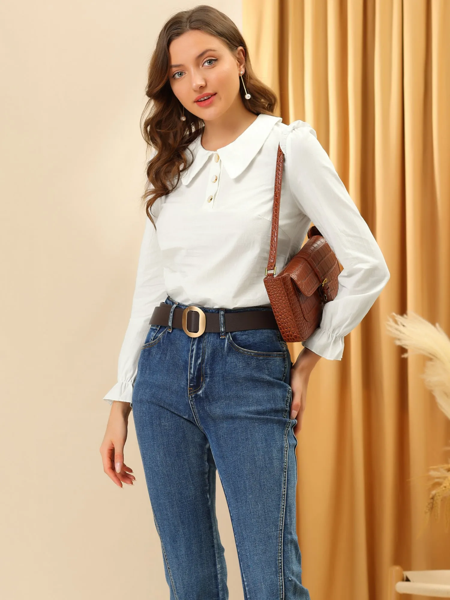 Peter Pan Collar Shirt Puff Long Sleeve Button Blouse Top sold by Allegra K product image thumbnail 2