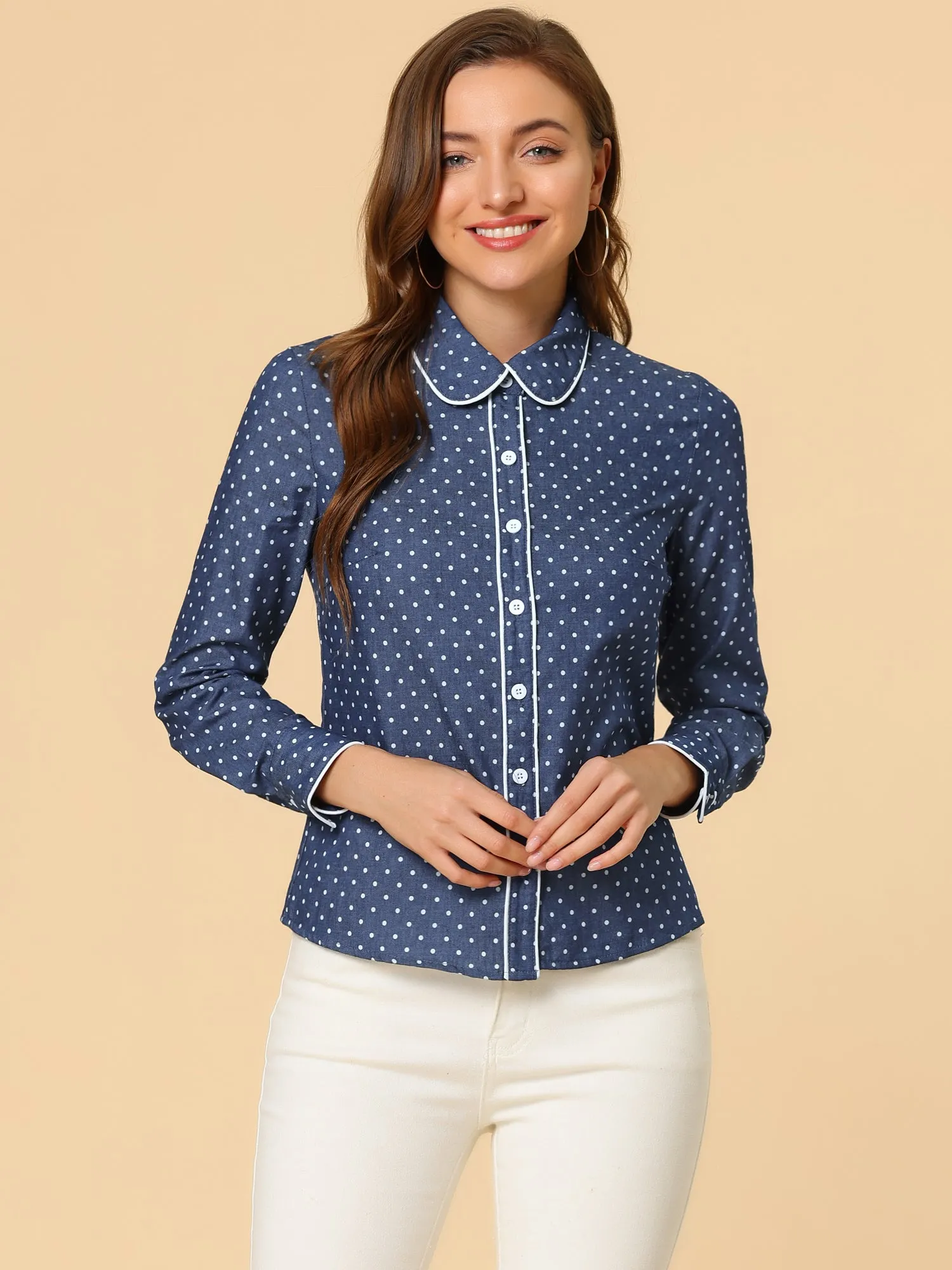 Peter Pan Collar Polka Dots Tops Elegant Button Down Work Denim Shirt sold by Allegra K product image thumbnail 2