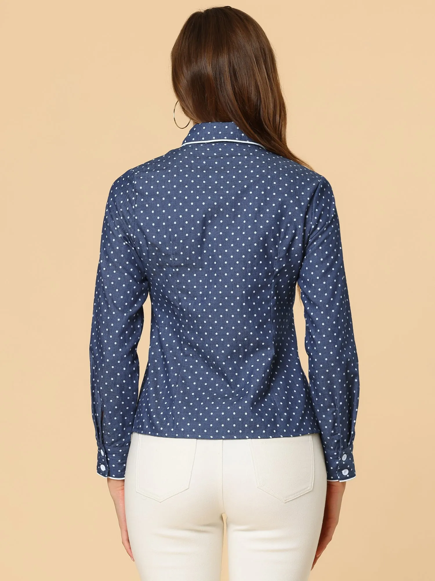 Peter Pan Collar Polka Dots Tops Elegant Button Down Work Denim Shirt sold by Allegra K product image thumbnail 4