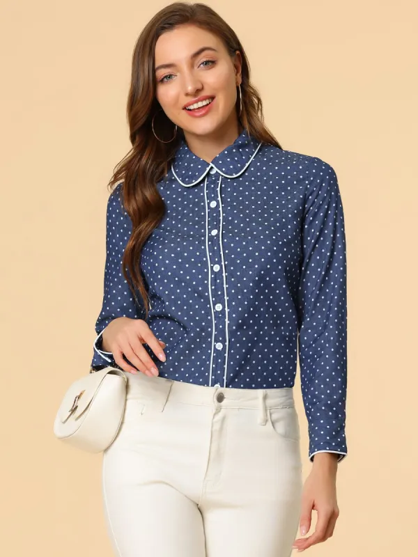 Peter Pan Collar Polka Dots Tops Elegant Button Down Work Denim Shirt sold by Allegra K