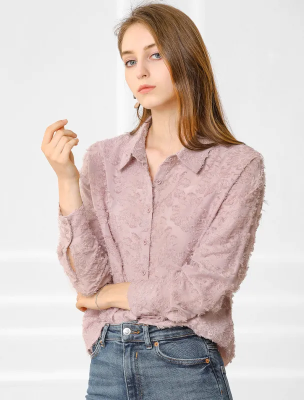 Floral Textured Blouse Point Collar Button Down Shirt sold by Allegra K