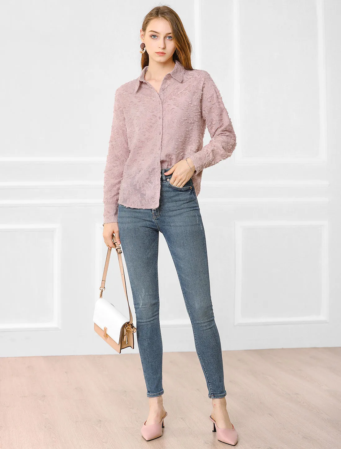 Floral Textured Blouse Point Collar Button Down Shirt sold by Allegra K product image thumbnail 2
