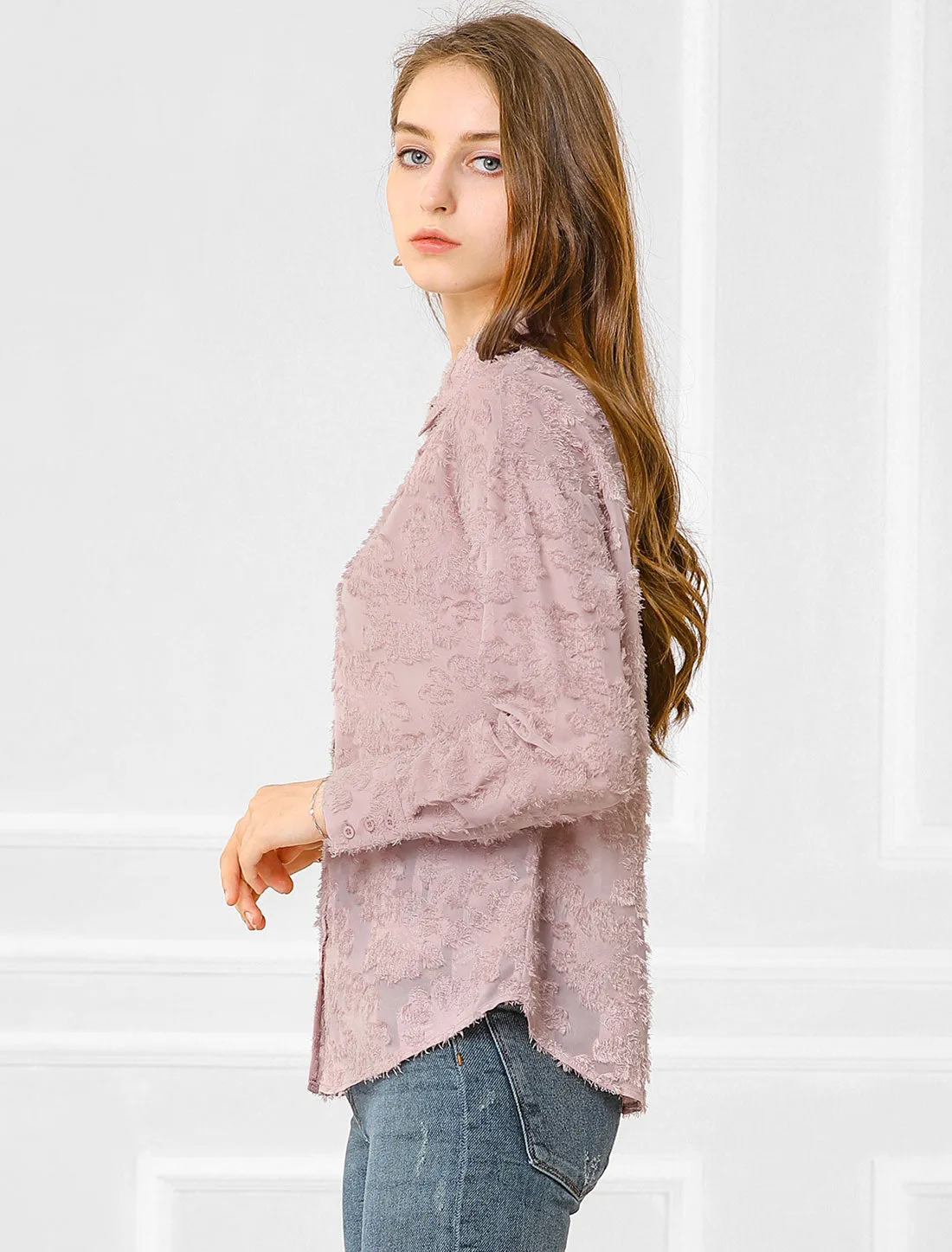 Floral Textured Blouse Point Collar Button Down Shirt sold by Allegra K product image thumbnail 3