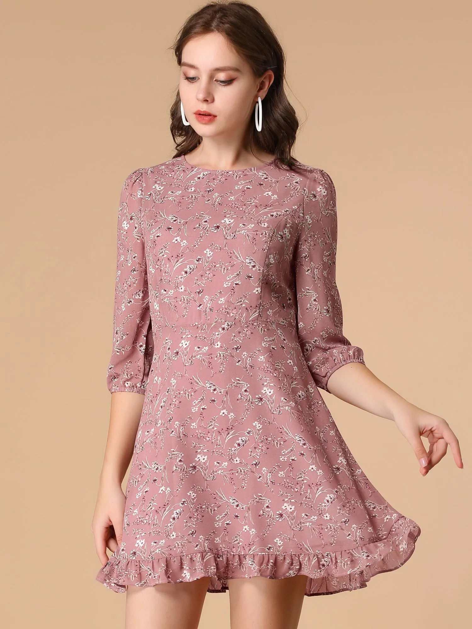 Chiffon Crew Neck Half Sleeve Floral Print Ruffle Hem Dress sold by Allegra K product image thumbnail 2