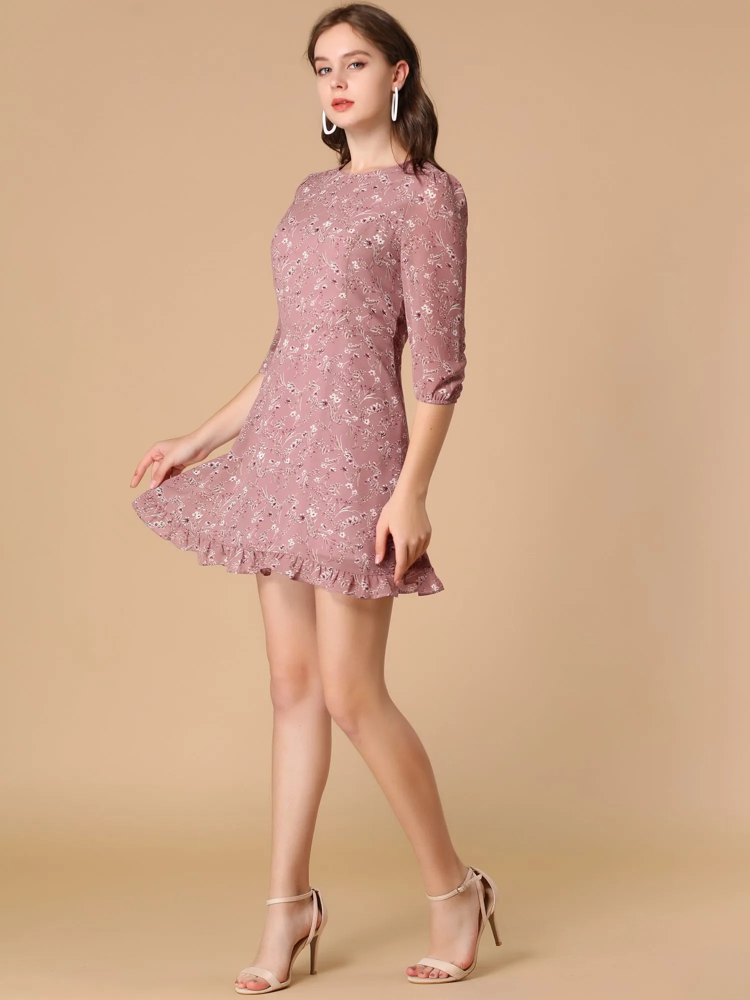 Chiffon Crew Neck Half Sleeve Floral Print Ruffle Hem Dress sold by Allegra K product image thumbnail 3