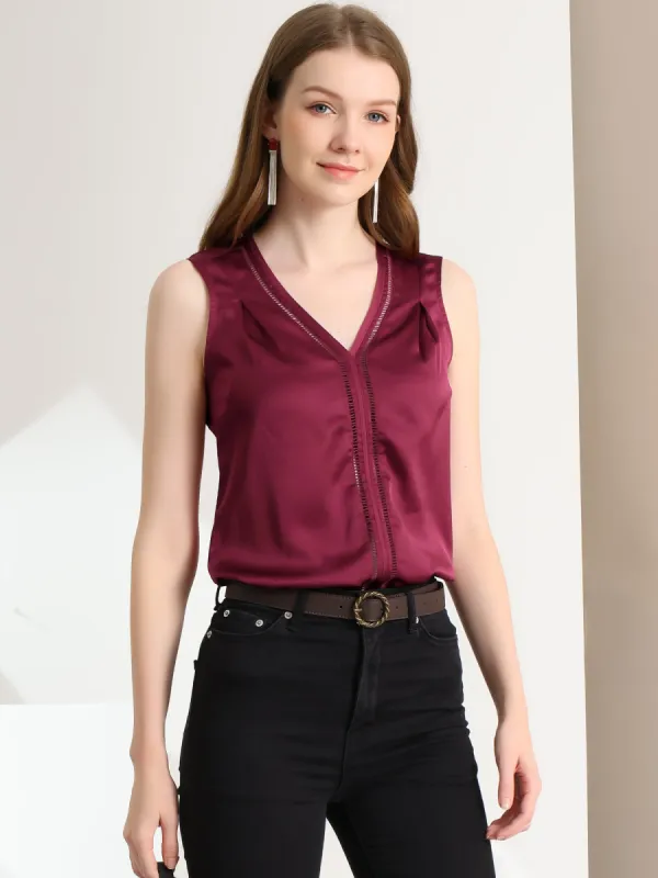 Elegant Tank Top V Neck Satin Work Office Sleeveless Blouse sold by Allegra K
