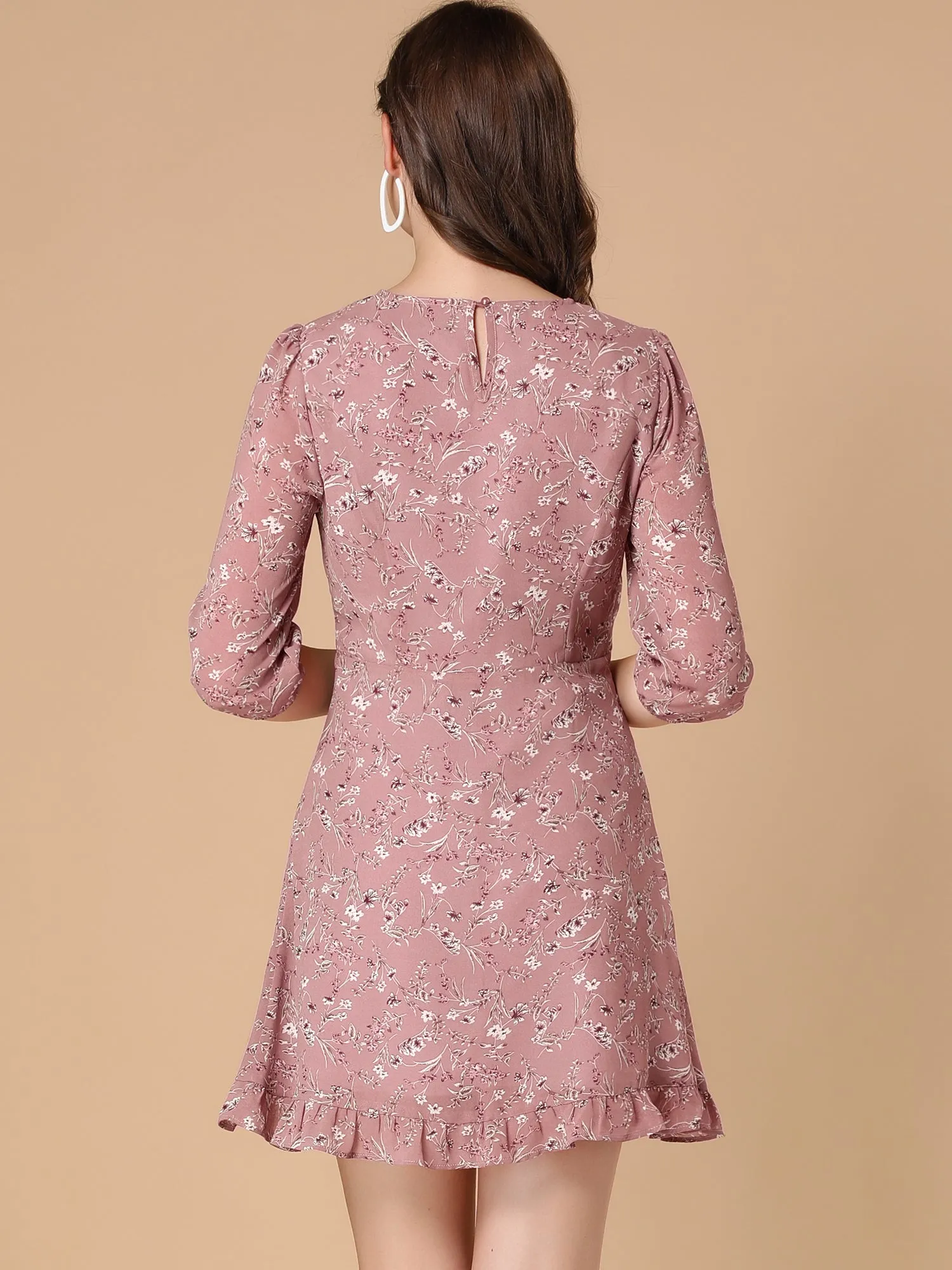 Chiffon Crew Neck Half Sleeve Floral Print Ruffle Hem Dress sold by Allegra K product image thumbnail 4