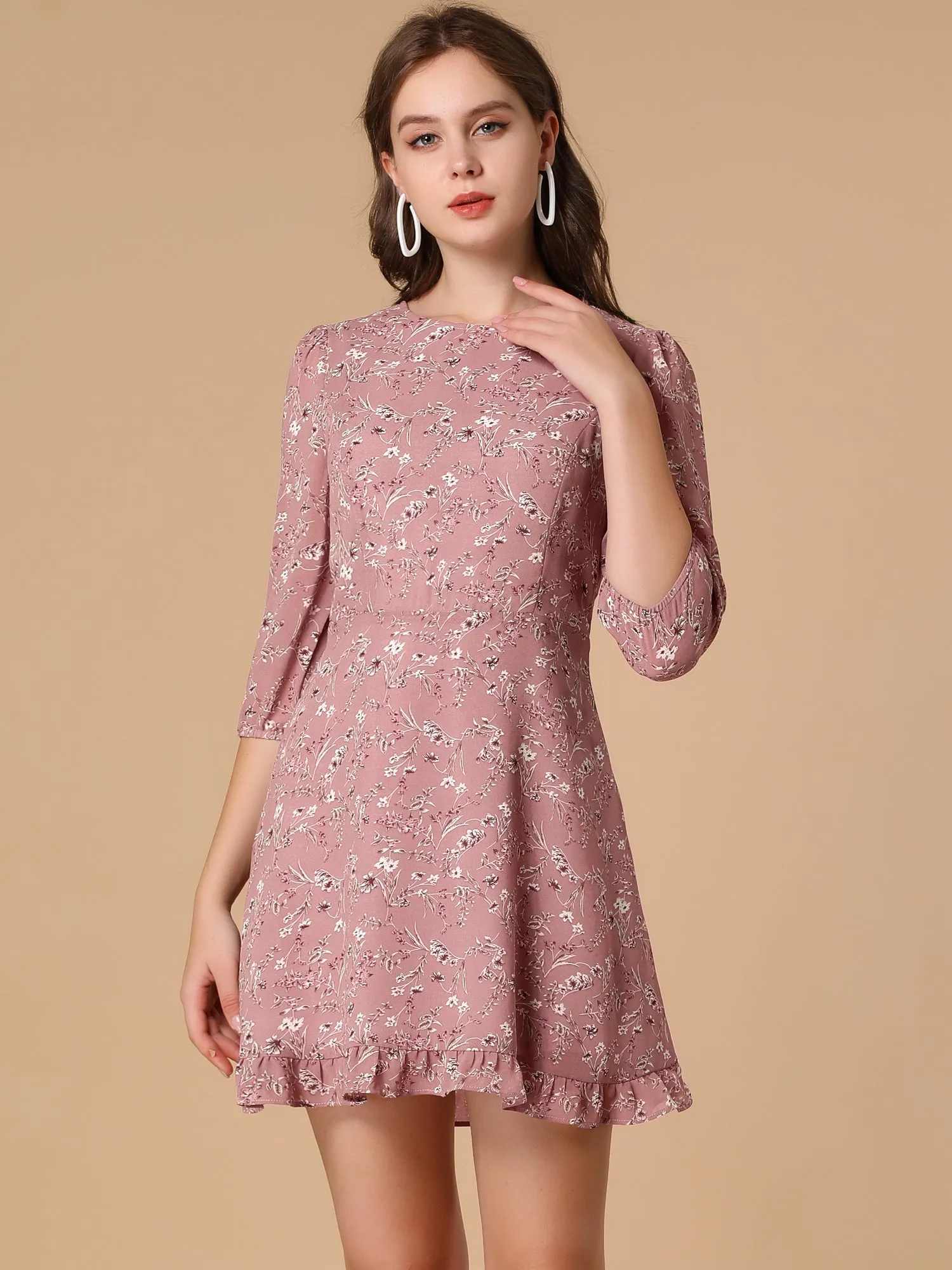 Chiffon Crew Neck Half Sleeve Floral Print Ruffle Hem Dress sold by Allegra K