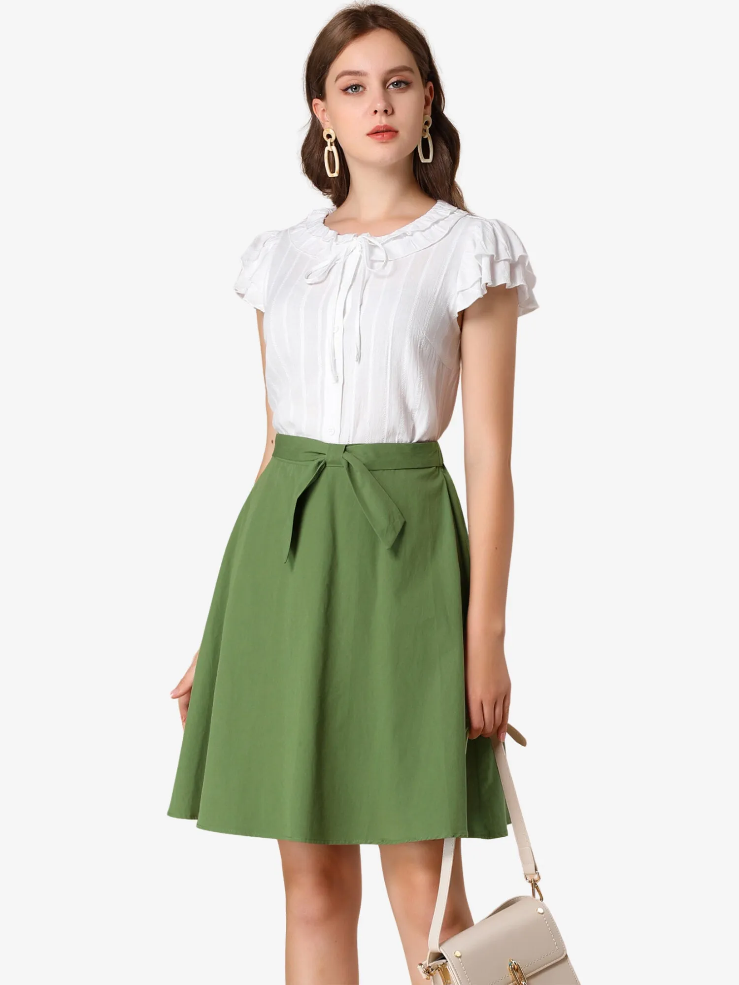 Cotton High Waist Bow Tie Casual Work A-line Skirt sold by Allegra K