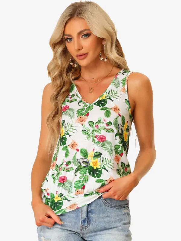 Tropical Floral Summer Casual Band Bottom Sleeveless Tank Tops sold by Allegra K