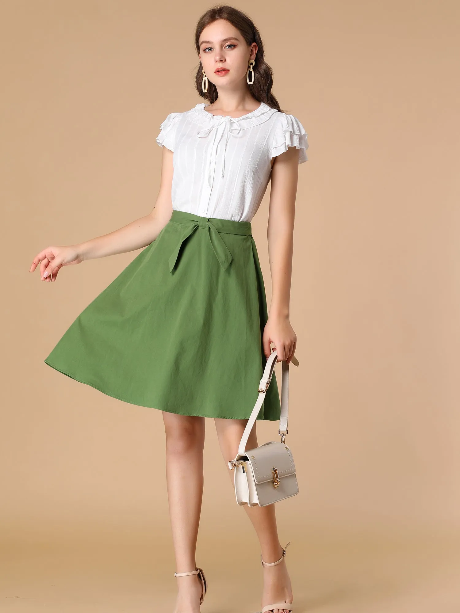 Cotton High Waist Bow Tie Casual Work A-line Skirt sold by Allegra K product image thumbnail 3