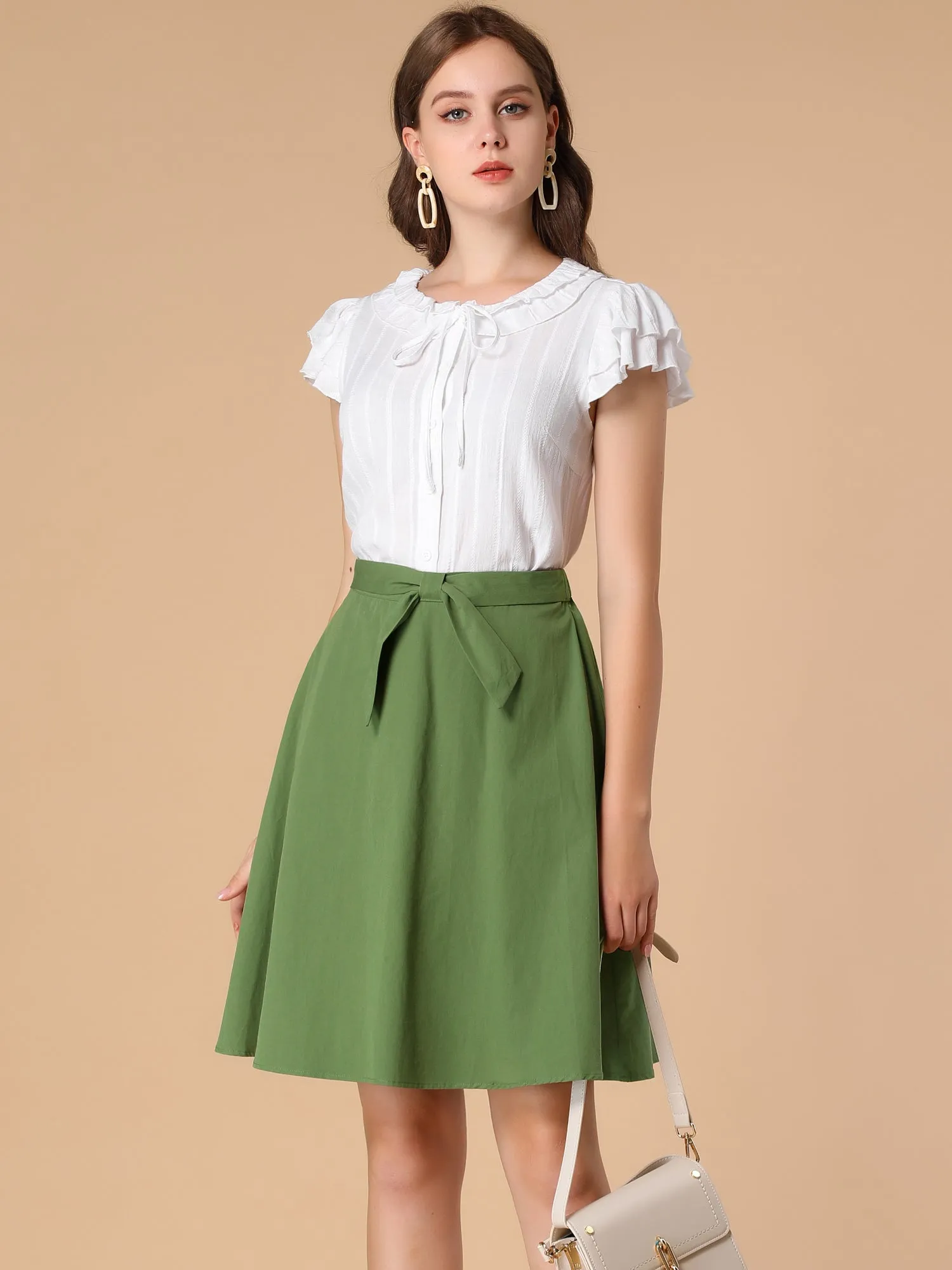 Cotton High Waist Bow Tie Casual Work A-line Skirt sold by Allegra K product image thumbnail 2