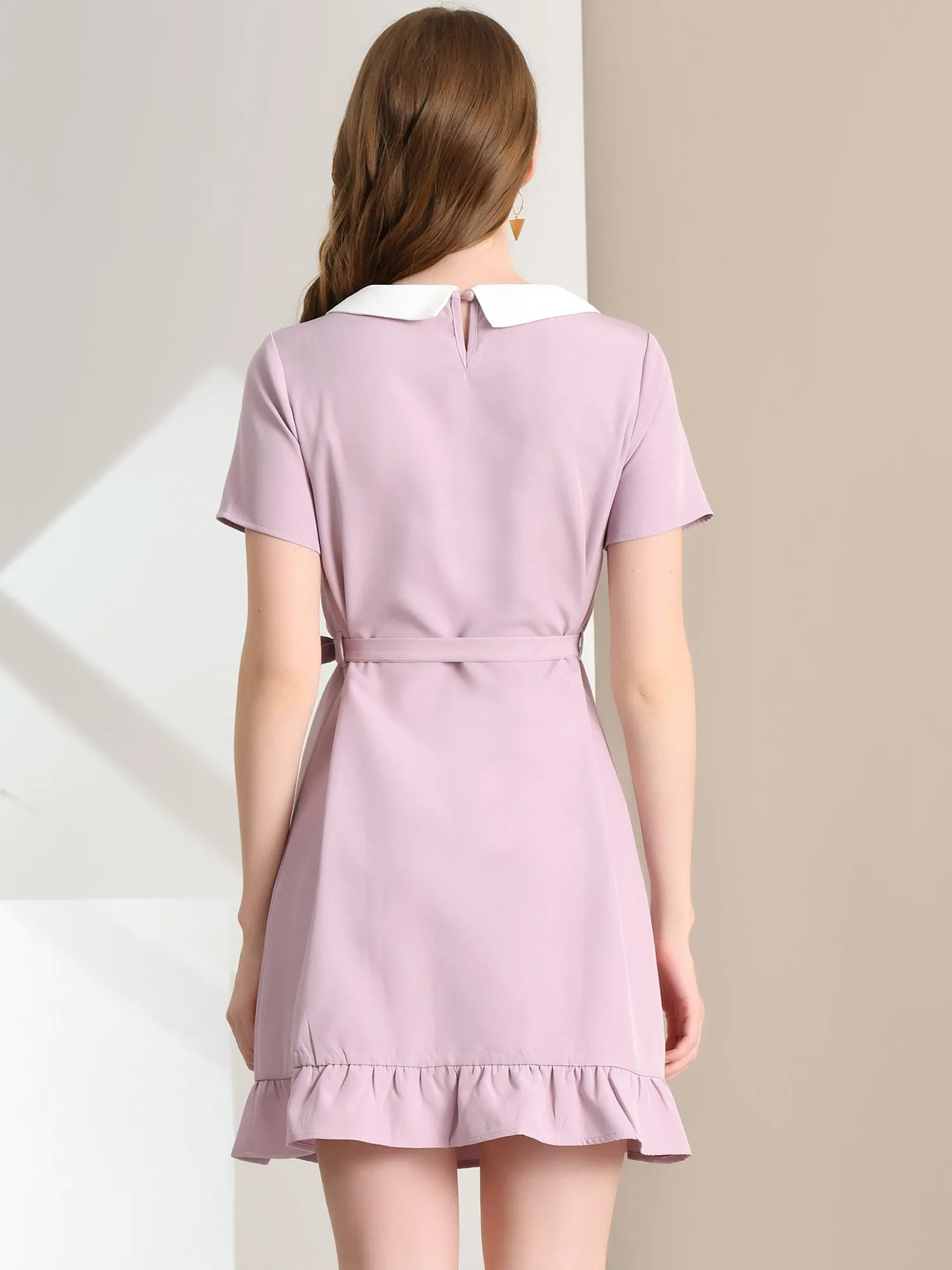 Elegant Contrast Collared Short Sleeve Ruffle Hem Belted Dress sold by Allegra K product image thumbnail 3