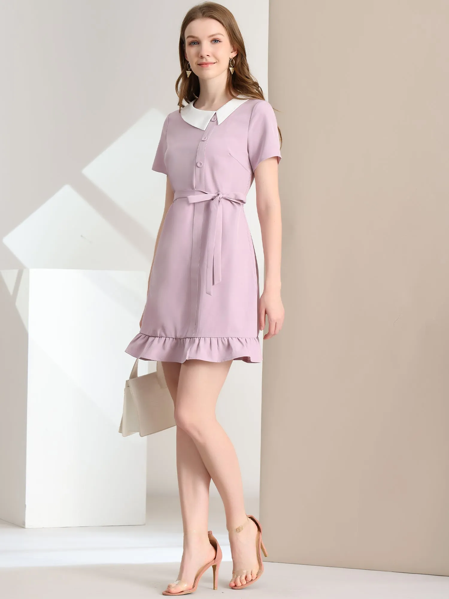 Elegant Contrast Collared Short Sleeve Ruffle Hem Belted Dress sold by Allegra K