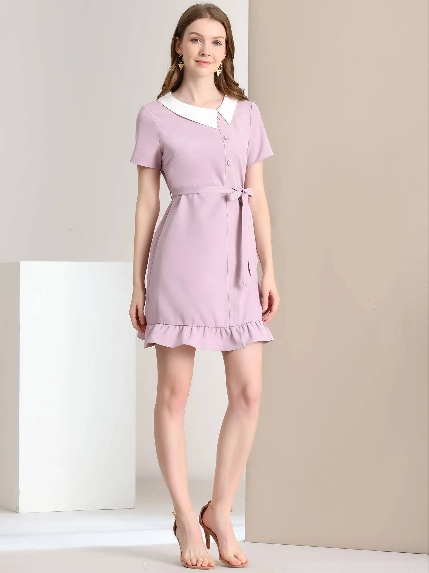 Elegant Contrast Collared Short Sleeve Ruffle Hem Belted Dress sold by Allegra K product image thumbnail 2
