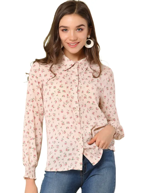 Women's Long Sleeve Point Collar Top Blouse Floral Button Down Shirt sold by Allegra K