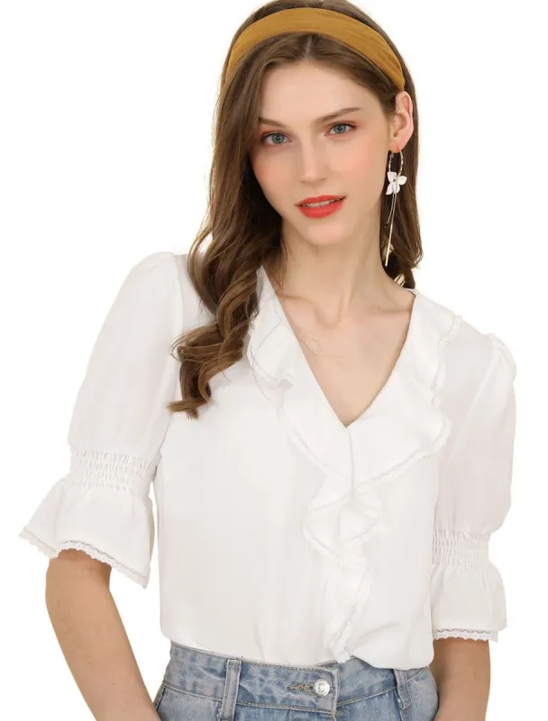 Women's Ruffle V Neck Half Bell Sleeve Blouse Summer Vintage Casual Chiffon Peasant Top sold by Allegra K