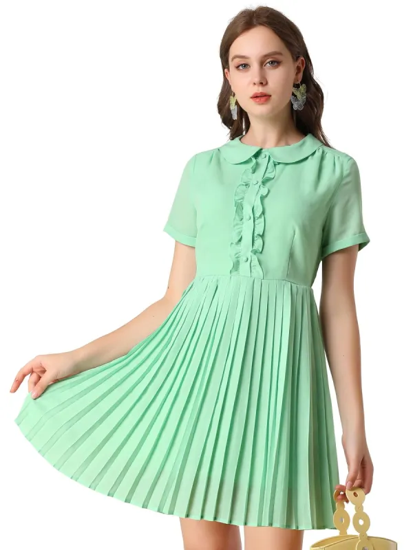 Women's Peter Pan Collar Ruffle Vintage Half Placket Sleeve Swing Pleated Shirt Dress sold by Allegra K