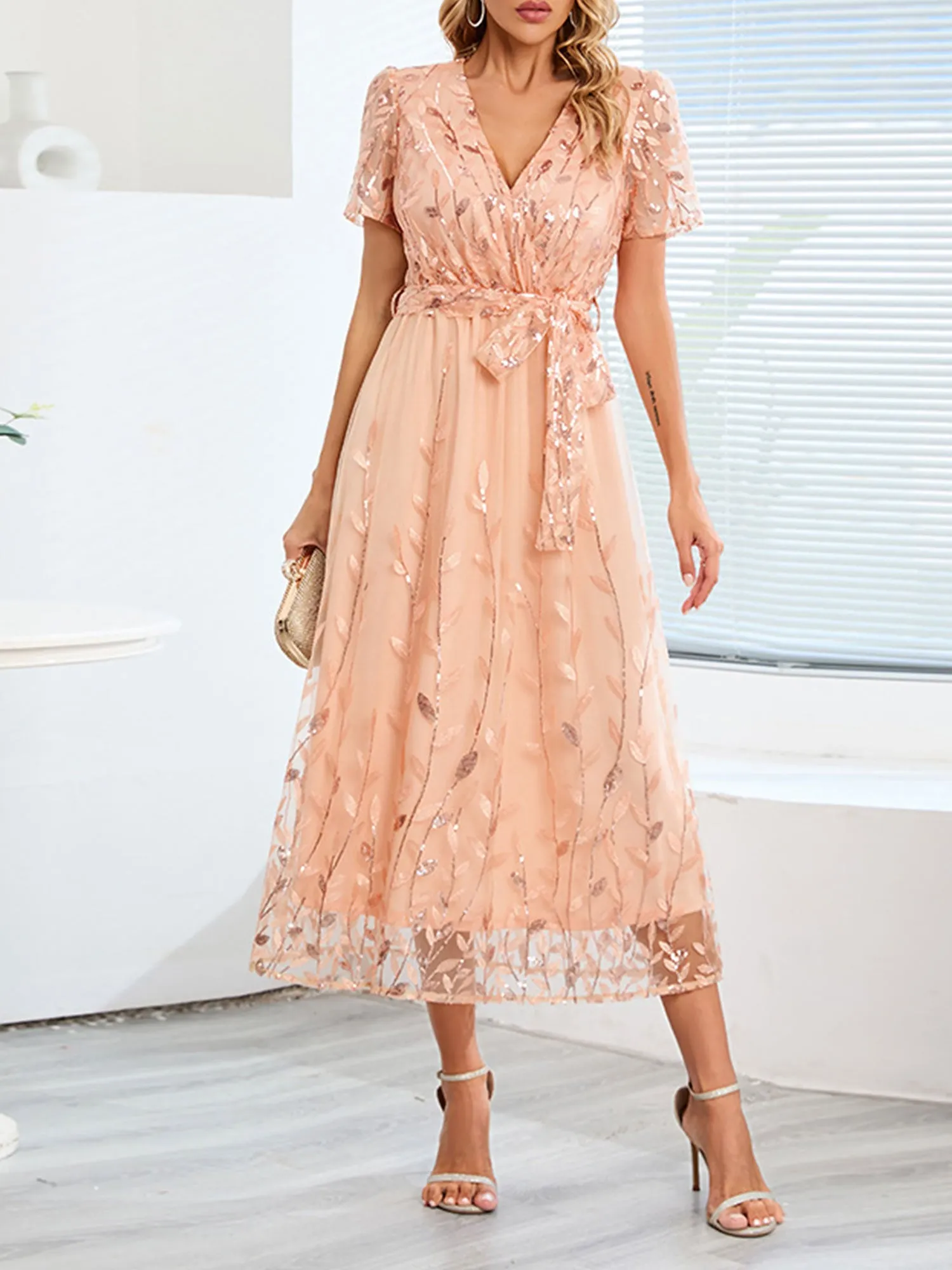 Embroidered Sequin Mesh Short Sleeves Belted Midi Dress sold by Allegra K product image thumbnail 2