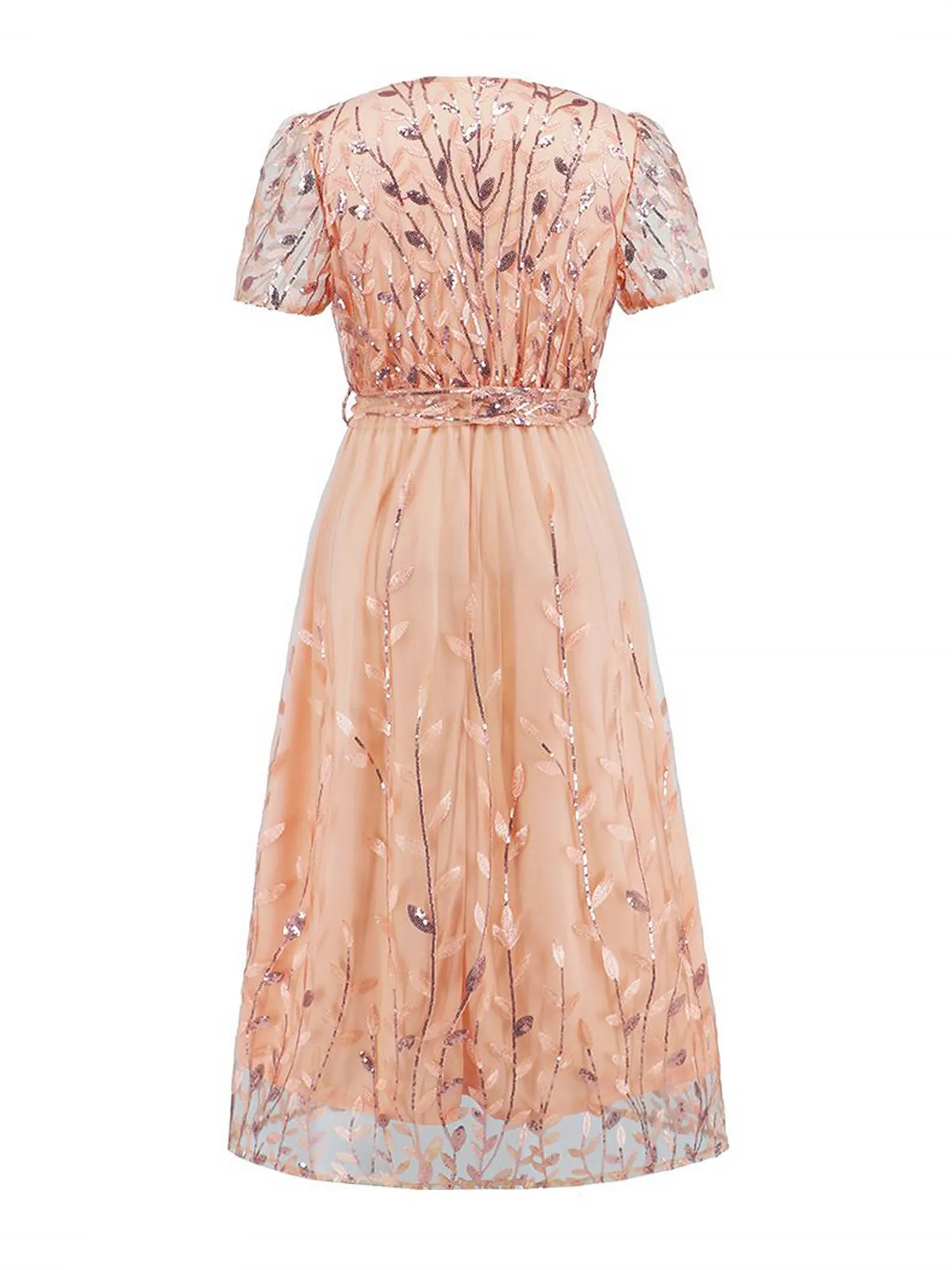 Embroidered Sequin Mesh Short Sleeves Belted Midi Dress sold by Allegra K product image thumbnail 5
