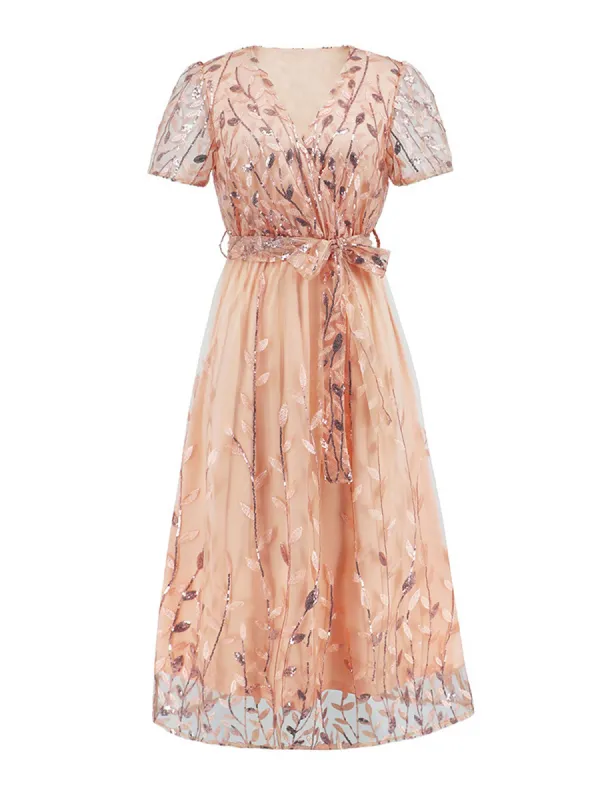 Embroidered Sequin Mesh Short Sleeves Belted Midi Dress sold by Allegra K