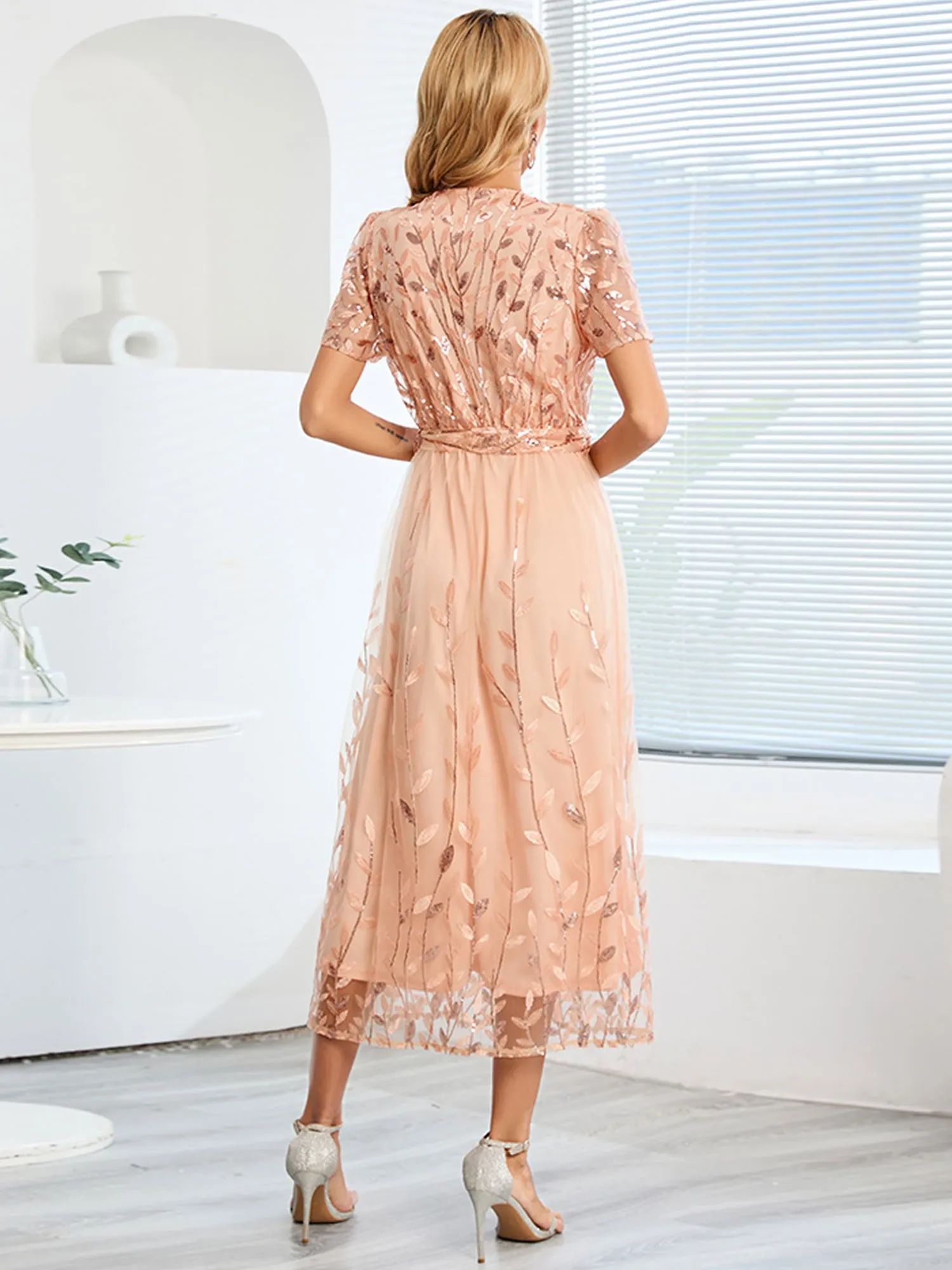 Embroidered Sequin Mesh Short Sleeves Belted Midi Dress sold by Allegra K product image thumbnail 3