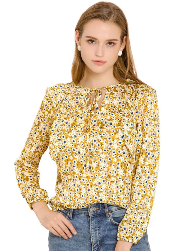 Women's Casual Fall Long Sleeve Tops Chiffon Ruffle Tie Neck Floral Blouse sold by Allegra K