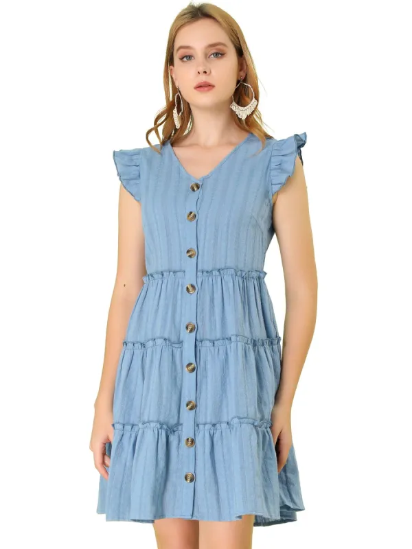 Women's V Neck Button Down Flutter Sleeveless Tiered Dress sold by Allegra K