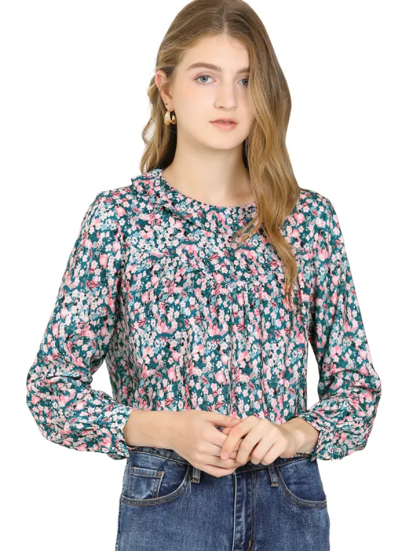 Women's Ruffle Collar Ruched Loose Top Long Sleeve Vintage Chiffon Boho Floral Blouse sold by Allegra K