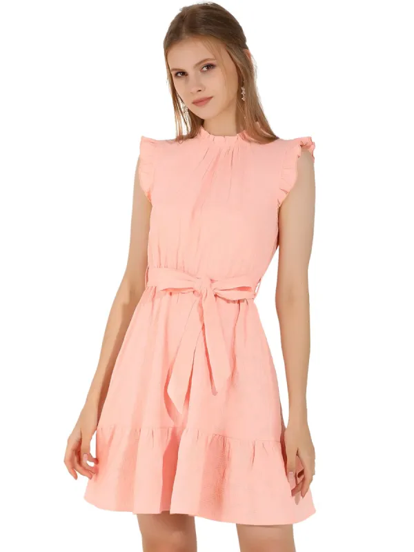 Women's Ruffle Trim Sleeveless Cotton Tie Waist A-Line Dress sold by Allegra K