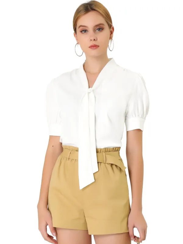 Women's Work Office Short Sleeve V Neck Bow Tie Blouse Tops sold by Allegra K