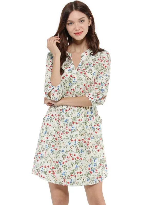 Women's Button Down Floral Print V Neck 3/4 Sleeves Vintage Shirt Dress made by Allegra K