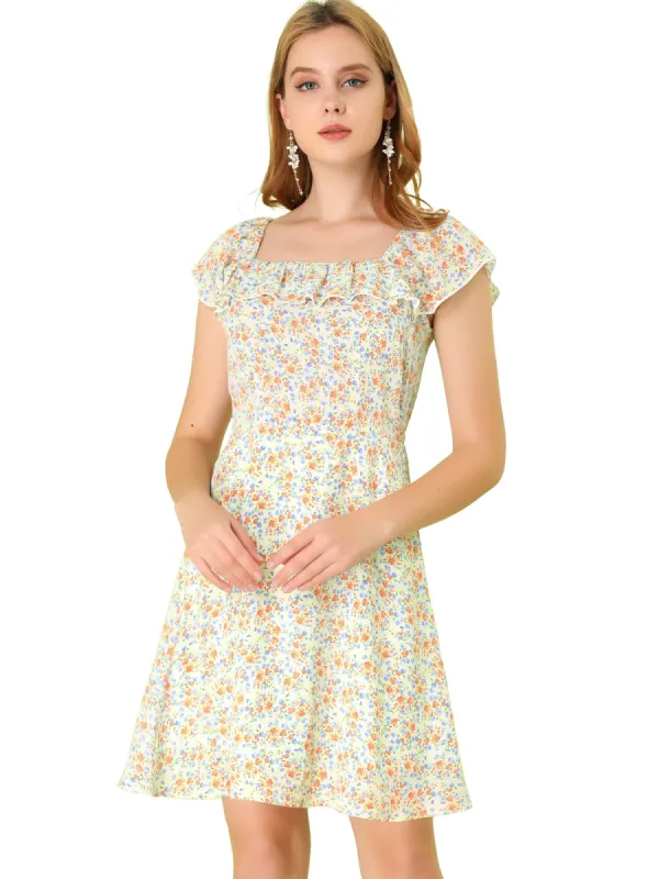 Women's Ruffled Elastic Neck Floral Print Flare Chiffon Dress sold by Allegra K
