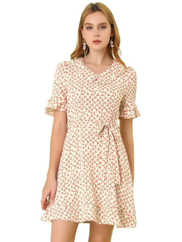 Women's Floral Peter Pan Collar Short Sleeve Belted Flare Ruffle Dress sold by Allegra K