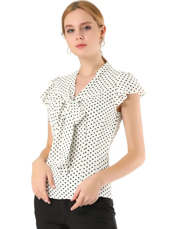 Women's Polka Dots Office Shirt Ruffled Sleeve Tie Neck Blouse sold by Allegra K