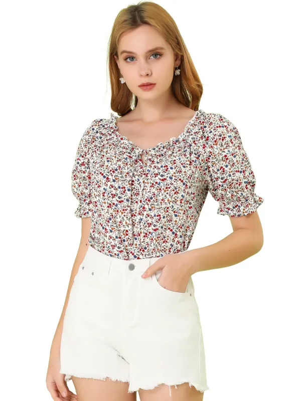 Women's Sweetheart Neck Raglan Sleeve Retro Ruffle Floral Tops sold by Allegra K