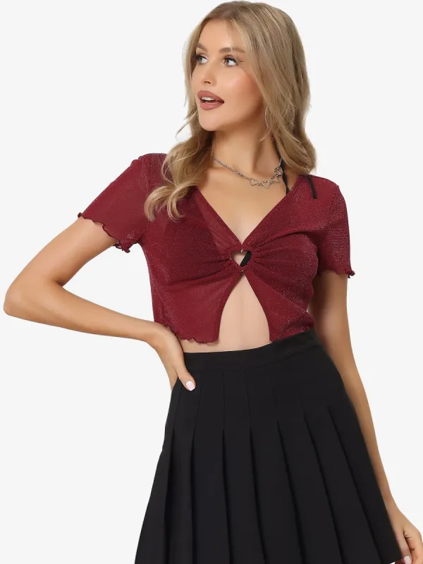 Cutout Glitter V Neck Mesh Sheer Shimmer Crop Tops sold by Allegra K