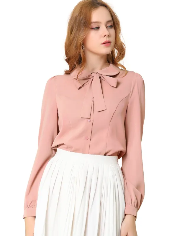 Women's Button Down Shirt Peter Pan Collar Long Sleeve Bow Tie Neck Blouse sold by Allegra K