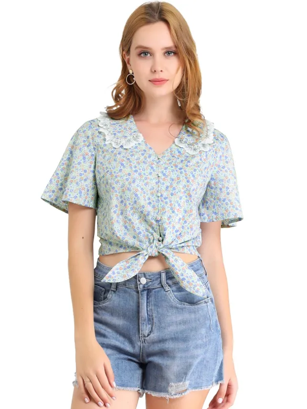 Women's Flutter Sleeve Lace Trim Peter Pan Collar Floral Cropped Tops sold by Allegra K